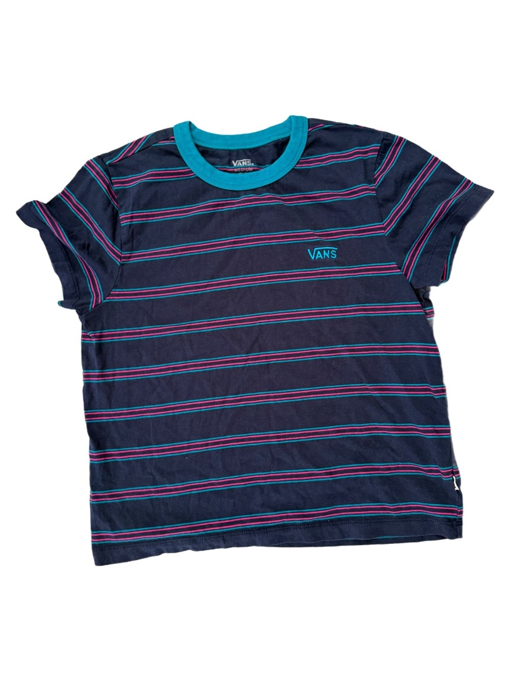 Vans youth Navy Tee with Teal Neck and Pink Stripe